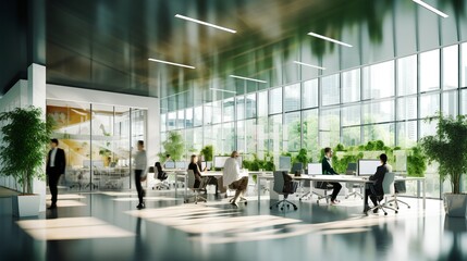 Concept of a green office space, captured with a blurred effect to highlight the serene and peaceful environment cultivated by integrating nature into workspace design. Generative AI - obrazy, fototapety, plakaty