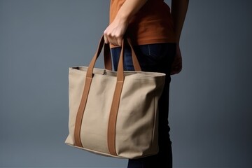 a person is carrying a large canvas bag. Mockup of a thick canvas fabric bag