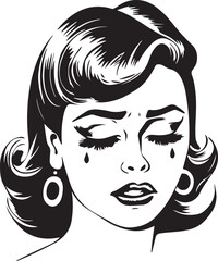 Vintage woman crying 60s style young woman. Retro comics woman head black and white ink drawing, American cartoon advertising illustration, vector, SVG	