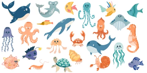 Crédence de cuisine en verre imprimé Vie marine Fish and wild marine animals big collection. Set with hand drawn sea life elements. Vector doodle cartoon illustration of marine life objects for your design.
