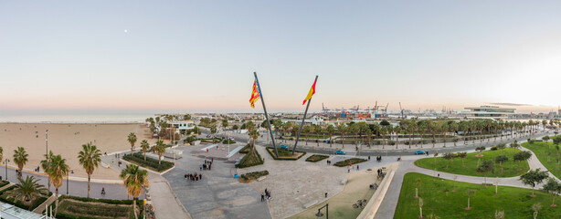 Harbour of Valencia, Spain, panoramic view, sunset