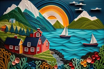 Colorful paper cut of a village in the sea with colorful houses