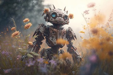 Robot in the meadow with wild flowers