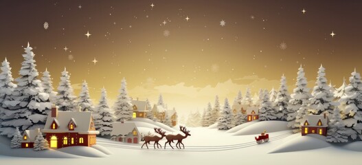 Santa Claus delivering gifts in snowy village. Merry Christmas greeting. - obrazy, fototapety, plakaty