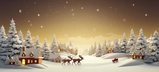 Poster Santa Claus delivering gifts in snowy village. Merry Christmas greeting. © Postproduction