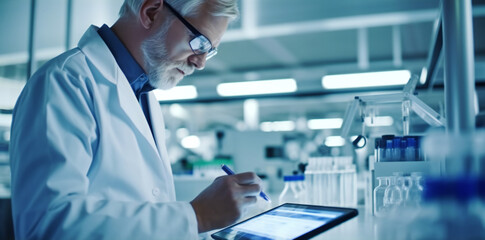 Senior male research scientist is using a tablet computer