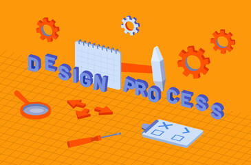 Design process vector 3d lettering illustration