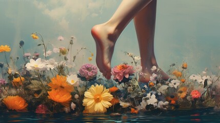 Legs walking on flowers, the concept of well-groomed silky skin of the feet.