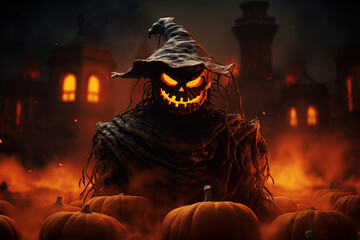 Halloween scarecrow and pumpkins with haunted mansion burning in flames in the background. Ai Generative illustration