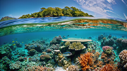 Fototapeta na wymiar Tropical coral reef and island - AI Generated