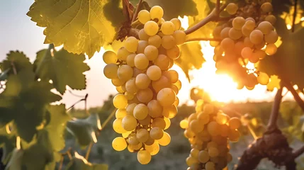 Poster Bunch of yellow grapes hanging from a tree branch in a vineyard at sunset © francescosgura
