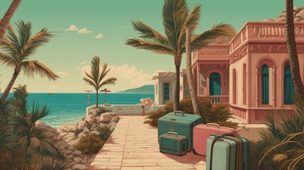 Green palm trees, travel suitcases, transport and water summer sky background.