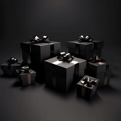 photo of black 3d gift boxes placed on dark background generated by AI. black friday, Generative AI