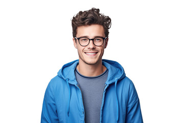 Happy Teenage Boy with Glasses and Blue Jacket - Medium Portrait on Transparent Background PNG File for Modern Lifestyle Designs - Generative AI