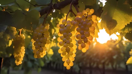 Fotobehang Grapes hanging from a tree branch in a vineyard at sunset © francescosgura