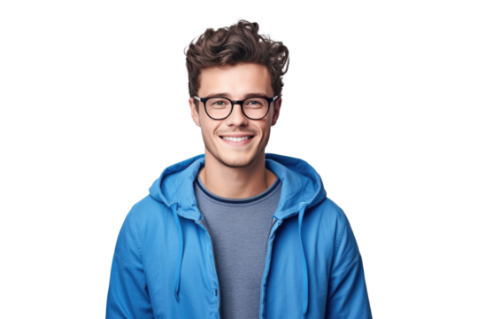 Happy Teenage Boy with Glasses and Blue Jacket - Medium Portrait on Transparent Background PNG File for Modern Lifestyle Designs - Generative AI
