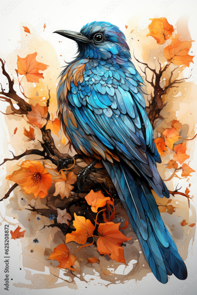 Poster a blue bird sitting on a branch of a tree. generative ai.