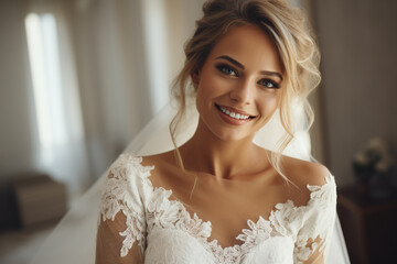 happy, smiling, incredible, unbelievable, fabulous, cheerful, beautiful, pretty, cute, lovely, nice bride in a wedding dress. Young girl. woman, lady at a wedding, veil, hairstyle, makeup.