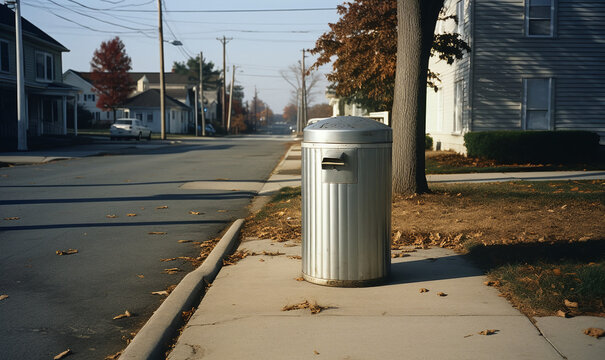 A suburban street scene with trash can in early Autumn circa 1995; a generative AI illustration