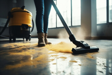 Fototapeta premium Woman cleaning the floor with vacuum cleaner. Generative AI.