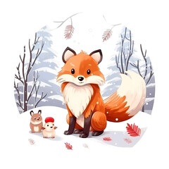 Cartoon illustration style of a red fox siting on snow dune with two little squirrels, Christmas trees background in winter scenery landscape, white background