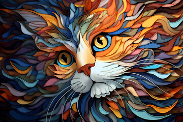 Illustration of a yellow eyes cat in style of impressionist abstract cubism tiny smooth wavy segments with harmonious waves