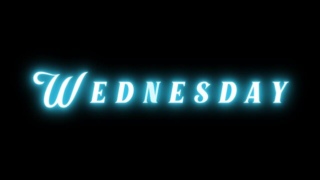 Wednesday Neon Text Sign On Black Background. Blue neon inscription. A week's day. Week daily reminder or signboard of cafe restaurant. For title, text, presentation. Business bg. 3d animation 60 FPS