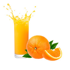 Orange fruit i and orange juice, splash,isolate on white  background