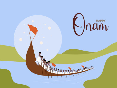 Onam Festival greeting card design vector abstract illustration of snake boat on a beautiful background.