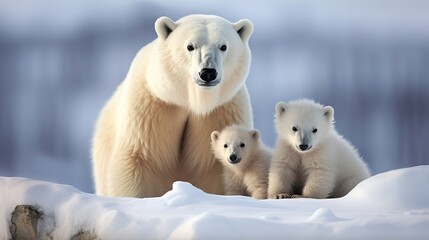 Mother polar bear with cubs. Created with Generative Ai technology.