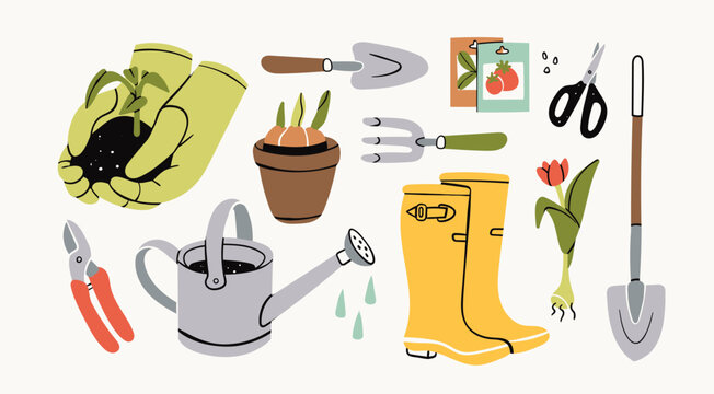 Set of various garden items. Gardening Tools. Gloves with seedling, flower pot, tulip, shears, scissors, shovel, rubber boots, watering can, seeds. Hand drawn Vector illustration. Horticulture concept