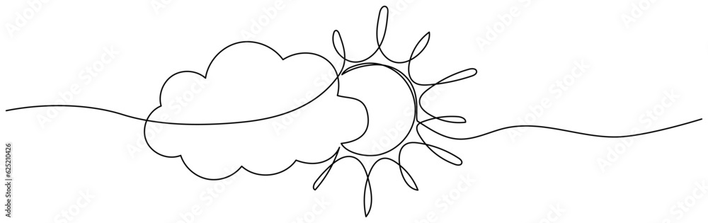 Poster sun with cloud continuous one line drawn. sky linear symbol. vector illustration isolated on white.
