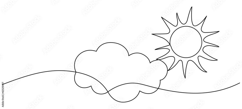 Poster sun with cloud continuous one line drawn. sky linear symbol. vector illustration isolated on white.