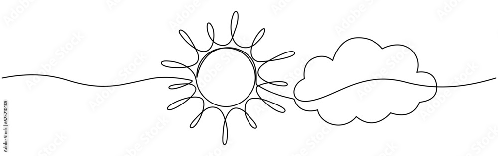 Poster sun with cloud continuous one line drawn. sky linear symbol. vector illustration isolated on white.
