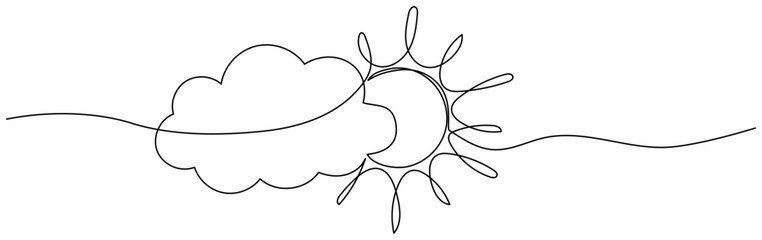 Sun with cloud continuous one line drawn. Sky linear symbol. Vector illustration isolated on white.