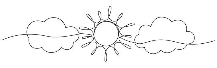 Sun with cloud continuous one line drawn. Sky linear symbol. Vector illustration isolated on white.