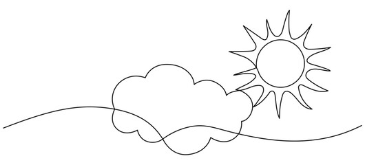 Sun with cloud continuous one line drawn. Sky linear symbol. Vector illustration isolated on white.