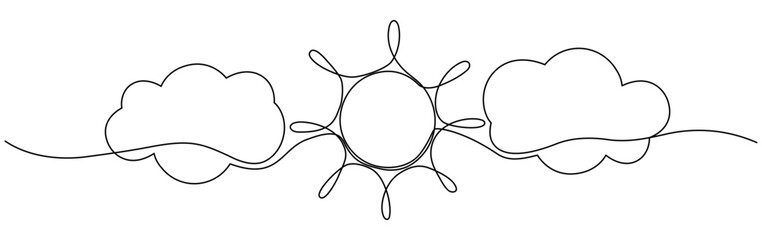 Sun with cloud continuous one line drawn. Sky linear symbol. Vector illustration isolated on white.