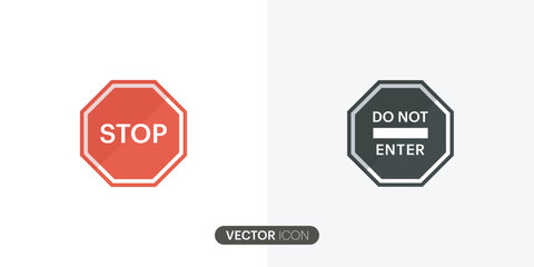 Red stop sign icon set. Do not enter. Warning stop sign Traffic regulatory warning stop symbol icon with text flat icon for apps and websites.Vector illustration