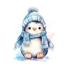 Illustration watercolor of a cute penguin wearing blue scarf and winter lined pom hat sitting on snow, warm cozy vibe, concept for Christmas postcard isolated white background,  - obrazy, fototapety, plakaty