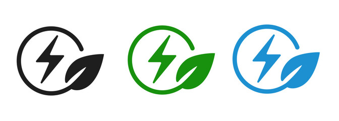 Icon symbol of green electricity eco environmental friendly power source thunder bolt in leaves circle