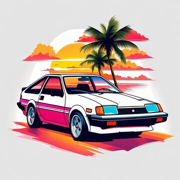 artwork of t-shirt graphic design, flat design of one retro ,classic AE86 car