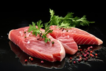 fresh tuna fish fillet steaks garnished with parsley isolated on black background