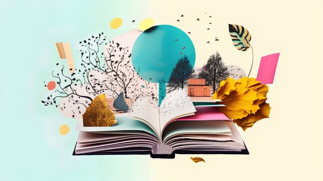 Art style collage reflects the concept of reading books, symbolizing the joy of literary exploration, the thirst for knowledge, and the immersive experiences offered by literature. Generative AI