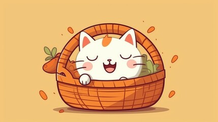 basket with an adorable kitten in cartoon style. Created with Generative AI.