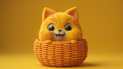 basket with an adorable kitten in cartoon style. Created with Generative AI.