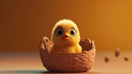 basket with cute little chick in cartoon style. Created with Generative AI.