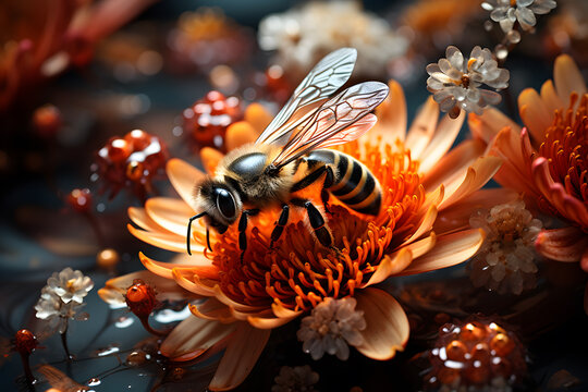 Macro close up photograph of a bee collecting pollen from a beautiful intricate elaborate orange flower