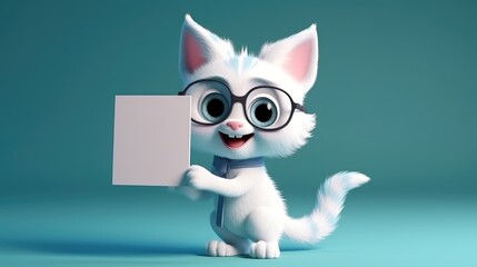 Cute Cartoon Cat Holding a Blank Sign. Created with Generative AI.	