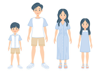 4人家族　夏の装いイラスト
Family of 4 summer outfit illustration